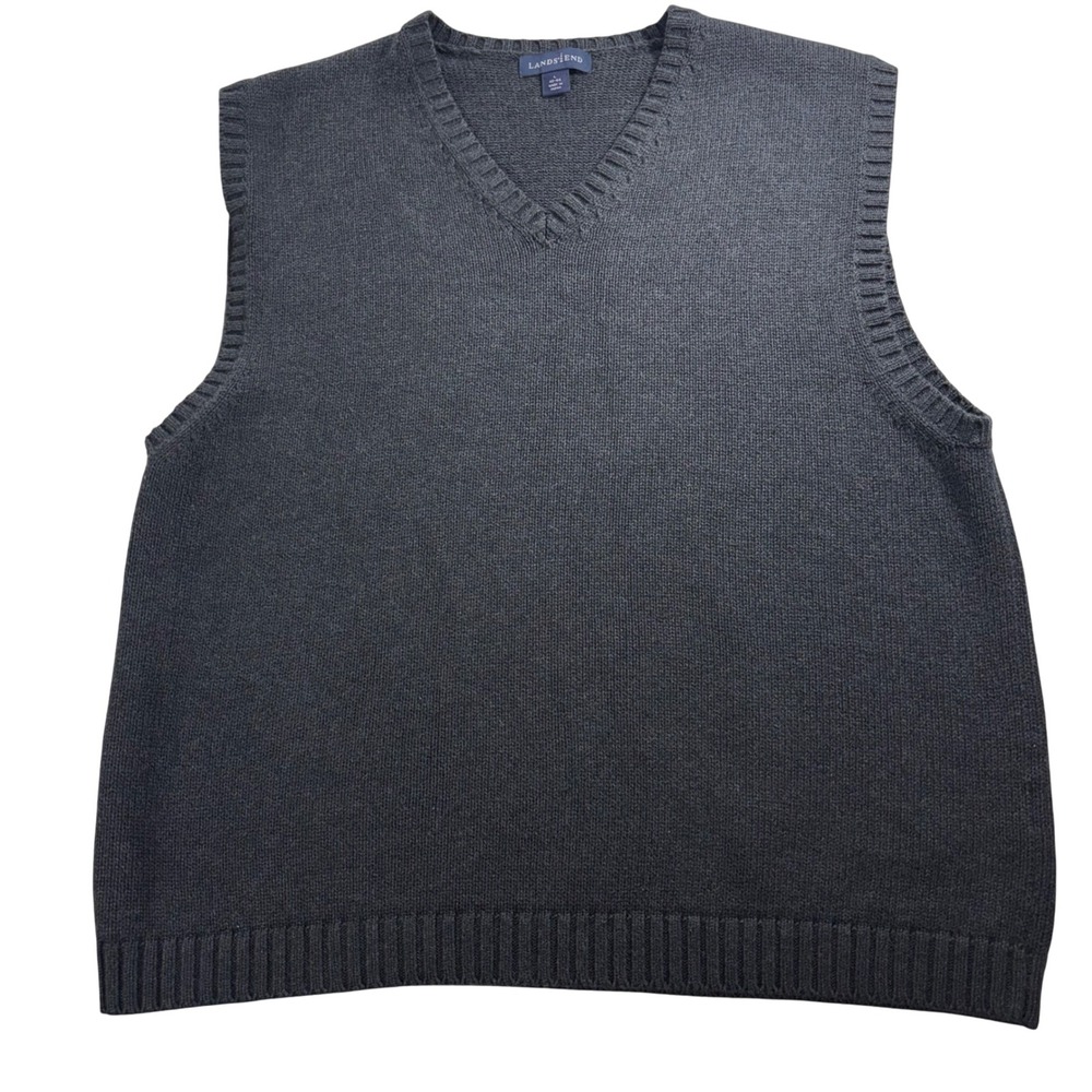 Lands End Men's V-Neck Sweater Vest‎ Dark Gray Cotton Knit Size L 42-44